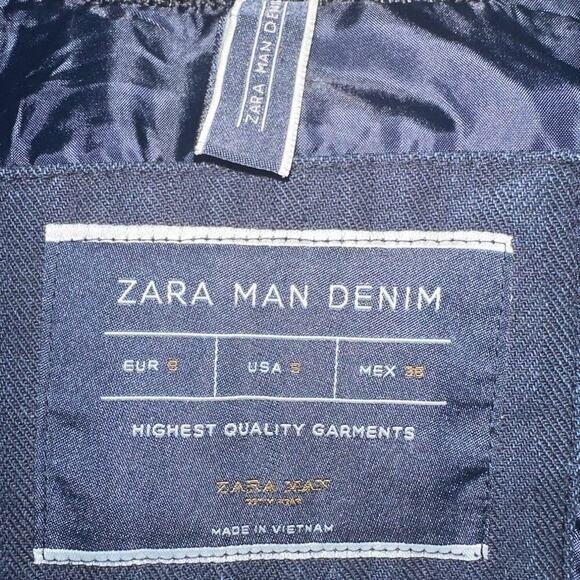 Zara Man Sz Small Dark Blue‎ Chambray Coat Removable Fur Collar Wool insulated - Picture 6 of 9